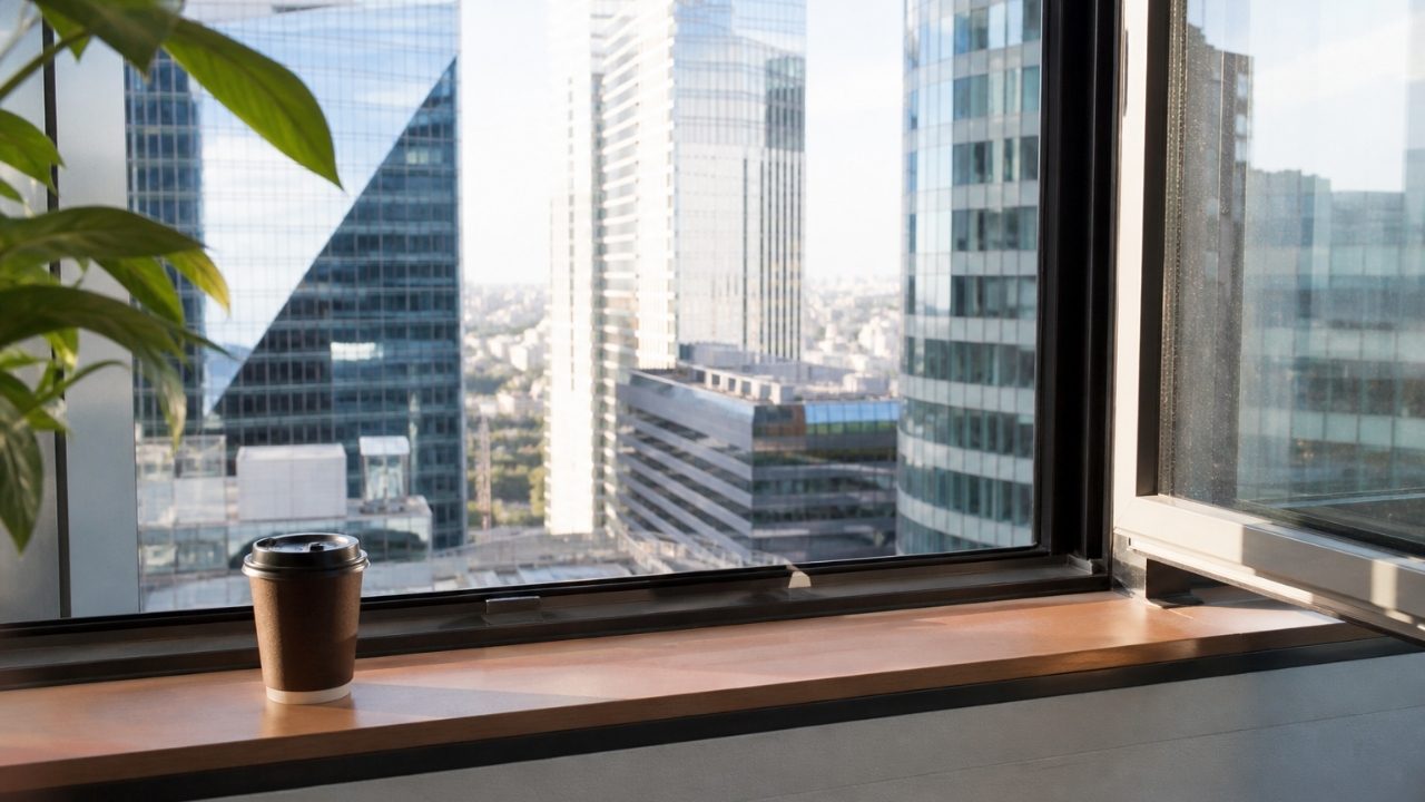 A coffee cup on an office windowsill overlooking a city of glass-fronted office towers in morning light